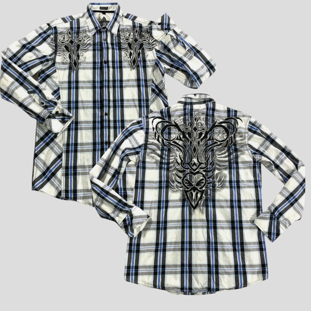 Roar Signature Shirt Mens L Embroidered Crosses Tribal‎ Back Y2K Vegas Rocker